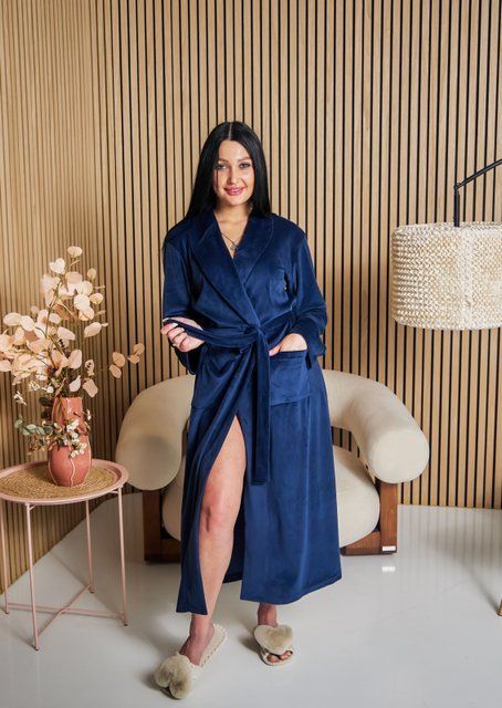 Фото Жіночий довгий халат Velour Luxe | Плюшевий велюр на бавовні (Королівський синій) &ndash; купити в Bluebell Room