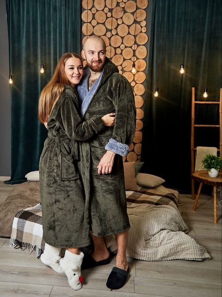 Фото Парні халати (Family Look) Хакі | Теплий Велсофт (З капюшоном) &ndash; купити в Bluebell Room