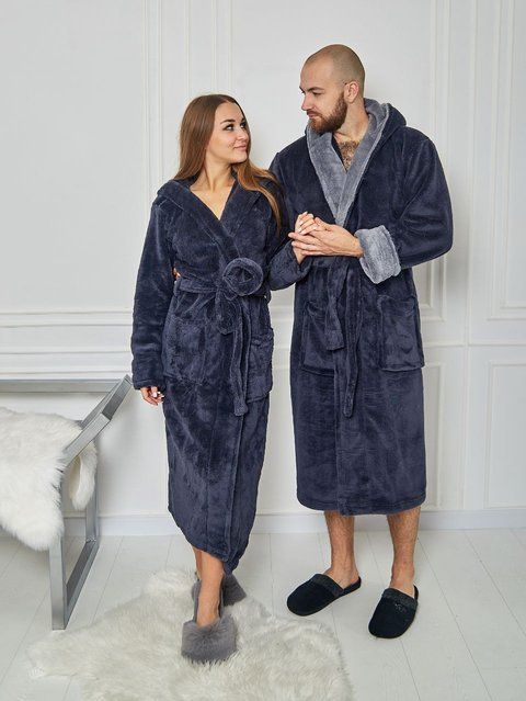 Фото Парні халати (Family Look) Графіт з сірим | Теплий Велсофт (З капюшоном) &ndash; купити в Bluebell Room