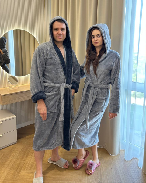 Фото Парний махровий халат сірого кольору з капюшоном для двох &ndash; купити в Bluebell Room