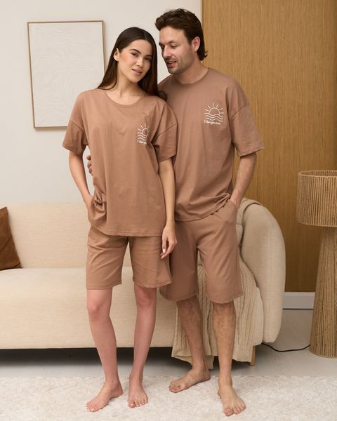 Фото Парні домашні костюми Family Look | Набір світло-коричневих комплектів з шортами &ndash; купити в Bluebell Room