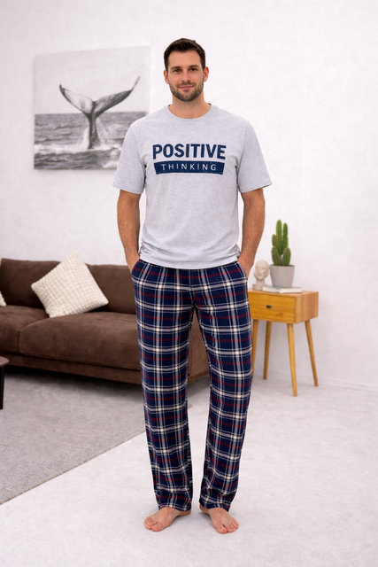 Фото Чоловічий домашній комплект Positive Thinking | Піжама футболка та штани в клітинку &ndash; купити в Bluebell Room