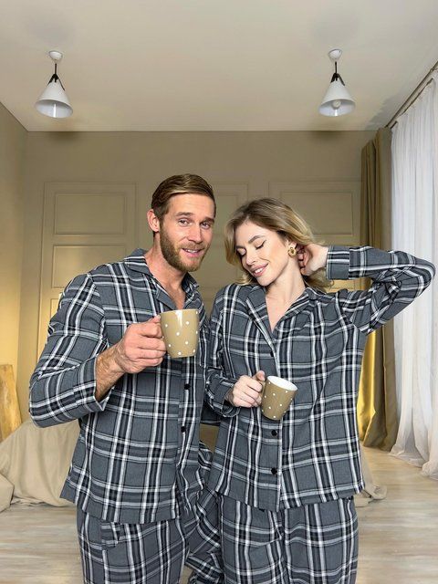Фото Парні піжами Family Look "Grey Plaid" | Фланель (Комплект для двох) &ndash; купити в Bluebell Room