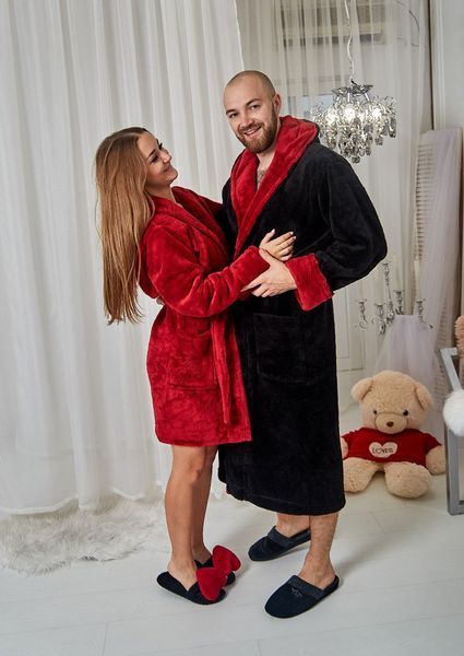 Фото Парні халати для закоханих Family Look (Чорний та Бордо) | Купити теплий набір халатів &ndash; купити в Bluebell Room