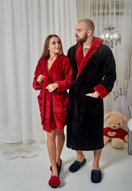 Фото Парні халати для закоханих Family Look (Чорний та Бордо) | Купити теплий набір халатів &ndash; купити в Bluebell Room