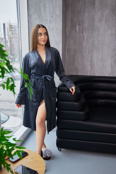 Фото Жіночий халат міді Velour Soft | Плюшевий велюр на бавовні (Графіт) &ndash; купити в Bluebell Room