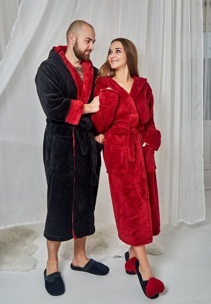 Фото Парні халати для закоханих Family Look (Чорний та Бордо Максі) | Купити довгі теплі махрові халати &ndash; купити в Bluebell Room