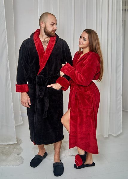 Фото Парні халати для закоханих Family Look (Чорний та Бордо Максі) | Купити довгі теплі махрові халати &ndash; купити в Bluebell Room