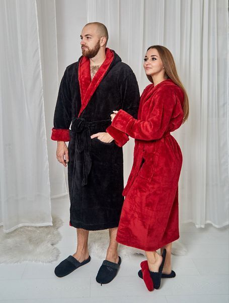 Фото Парні халати для закоханих Family Look (Чорний та Бордо Максі) | Купити довгі теплі махрові халати &ndash; купити в Bluebell Room