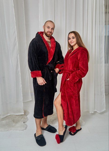 Фото Парні халати для закоханих Family Look (Чорний та Бордо Максі) | Купити довгі теплі махрові халати &ndash; купити в Bluebell Room