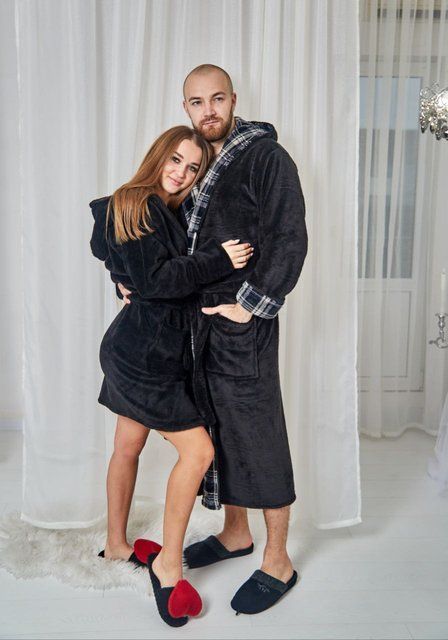 Фото Парні махрові халати Family Look (Чорний / Клітинка) | Стильний набір &ndash; купити в Bluebell Room